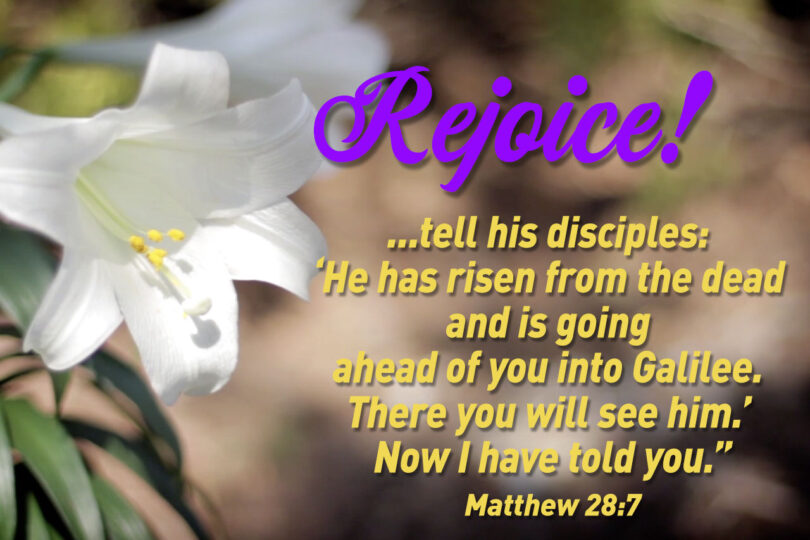 Rejoice! ...tell his disciples: ‘He has risen from the dead and is going ahead of you into Galilee. There you will see him.’ Now I have told you.” Matthew 28:7